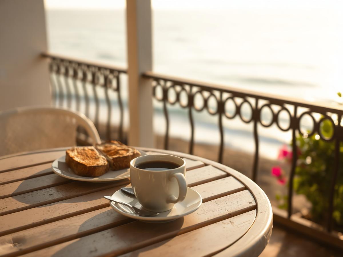 Café y tostadas en una mesa de terraza junto al mar por la mañana