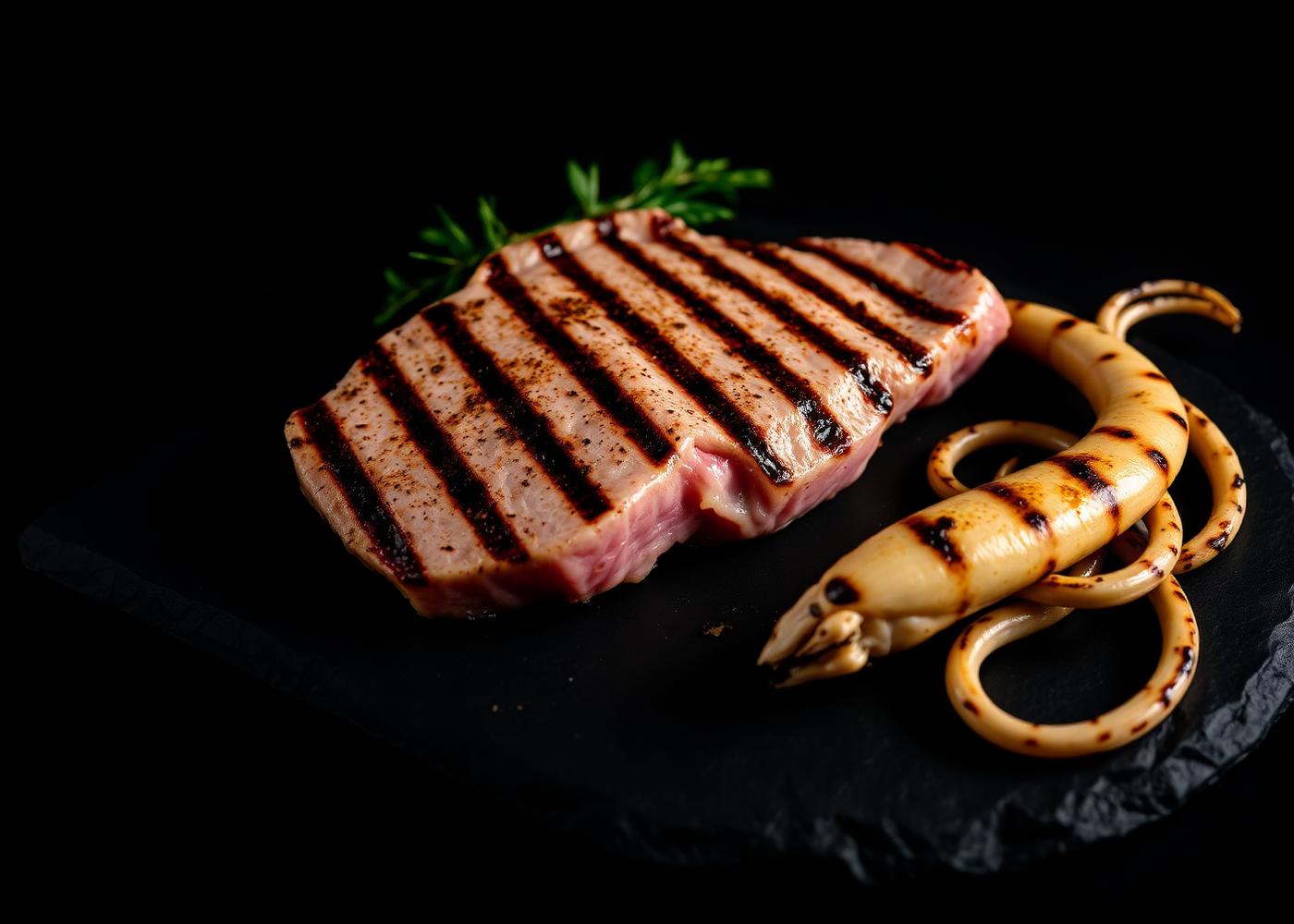 Atún y calamar a la brasa sobre pizarra