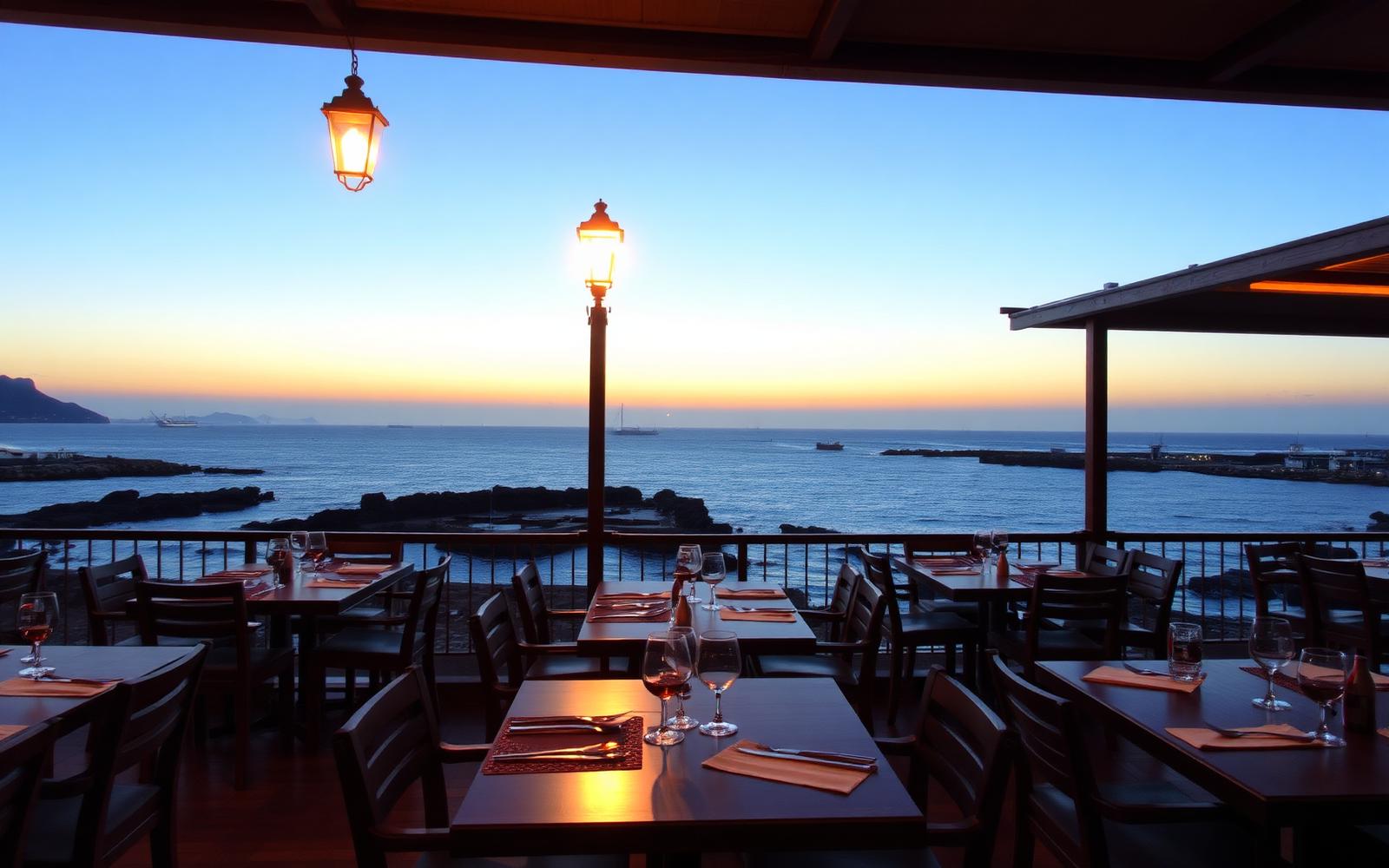Terraza de Tramontana con mesas frente al Atlántico al atardecer
