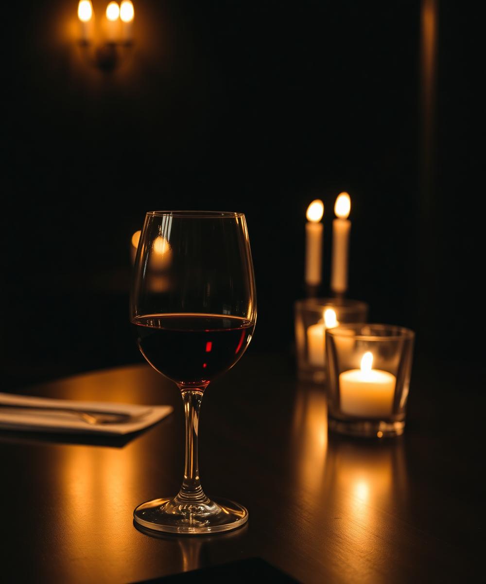Copa de vino tinto sobre mesa de madera